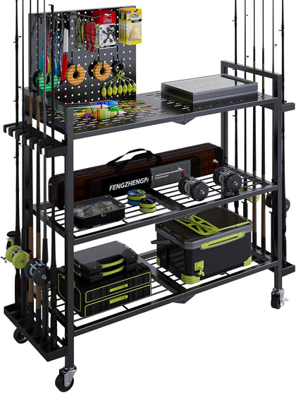 Fishing Rod Holders for Garage, Fishing Rod Stand with Wheels and Pegboard, 3-Tier Pole Storage Rack with 8 Hooks and