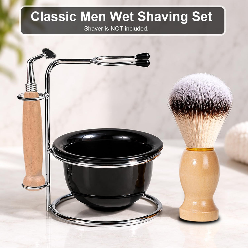 Men's 3 in 1 Shaving Brush Set, Nylon Brush with Stand & Bowl, Wet Shave Kit for Father's Day Gift | Soft nylon