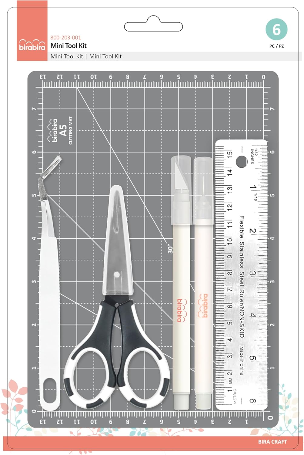 Bira Craft 6 pc Mini Tool Kit, Cutting Mat, Stainless Steel Ruler, Scissor, Tweezzers, Hobby Knife and Piercing Tool