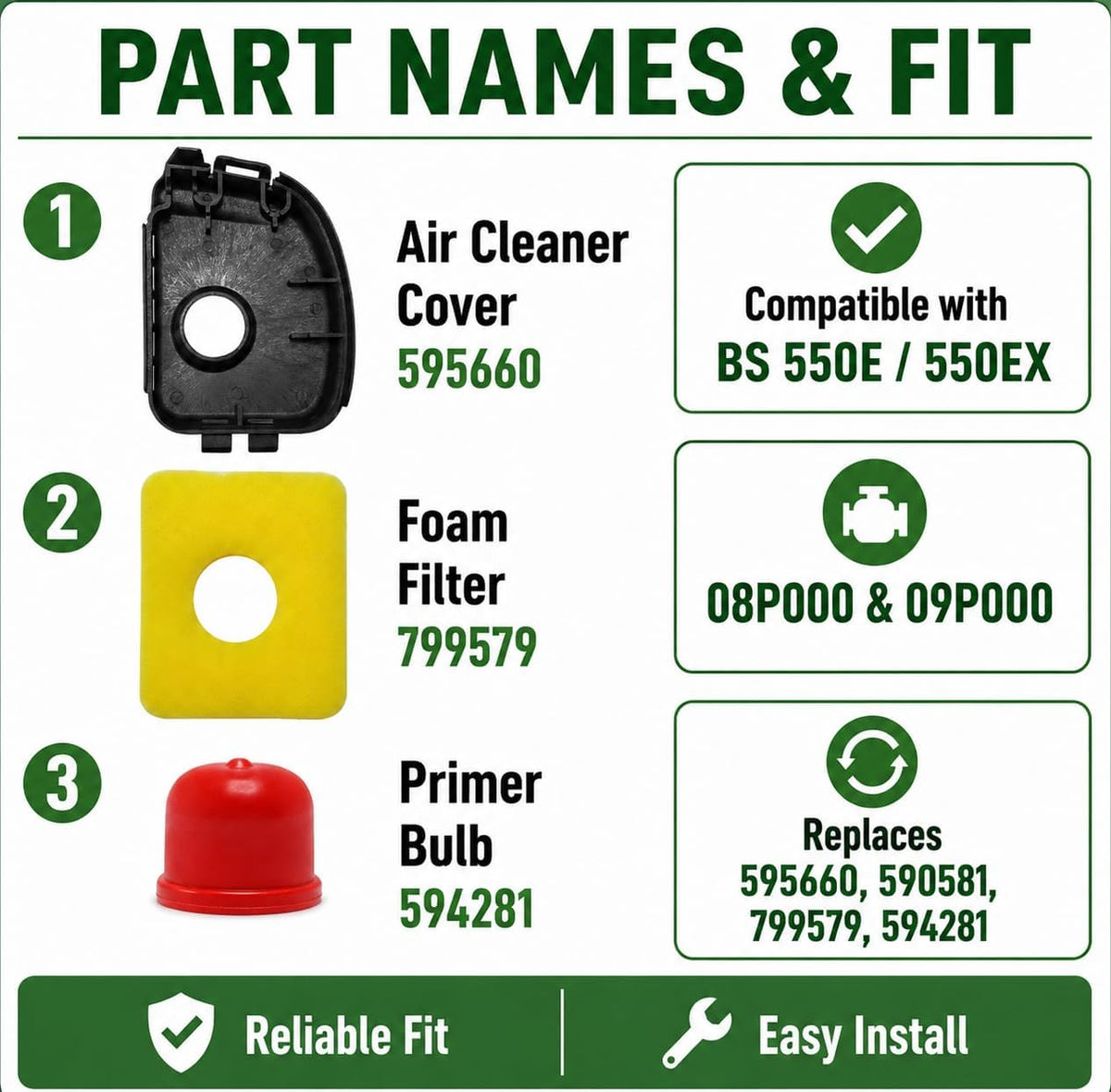Hoypeyfiy Air Cleaner Cover 595660, Foam Filter, and Primer Bulb 594281 Replacement Kit Compatible with BS 550E / 550EX Engine Series Lawn Mowers