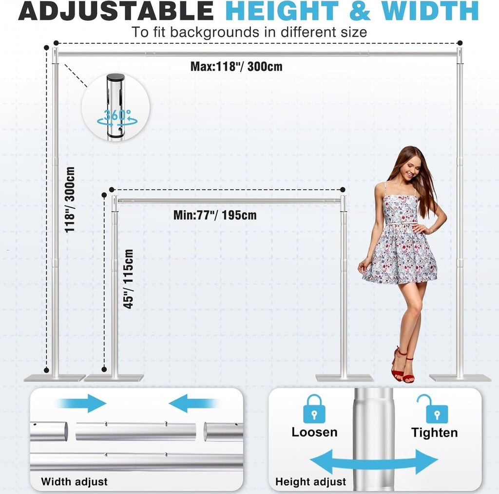 Pipe and Drape Backdrop Stand, 10x10ft Heavy Duty Backdrop Stand with Metal Base, Adjustable Height & Width, Silver