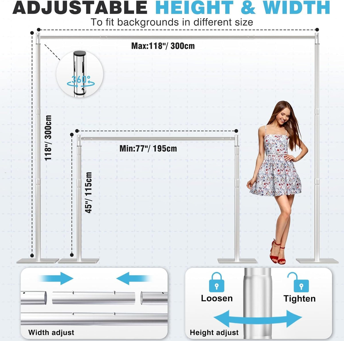 Pipe and Drape Backdrop Stand, 10x10ft Heavy Duty Backdrop Stand with Metal Base, Adjustable Height & Width, Silver
