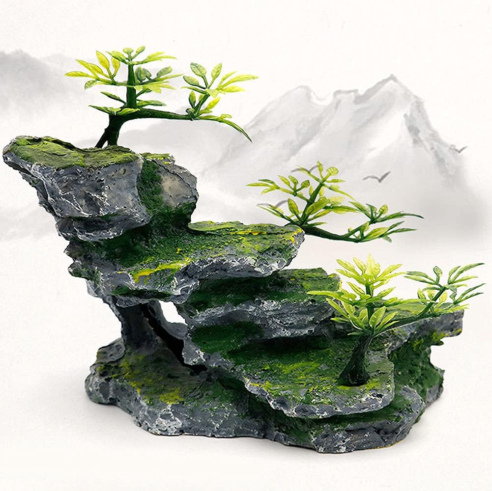 Aquarium Ornament, Mountain View Stone with Moss Tree Rock Cave Landscape Artificial Fish Tank Decoration