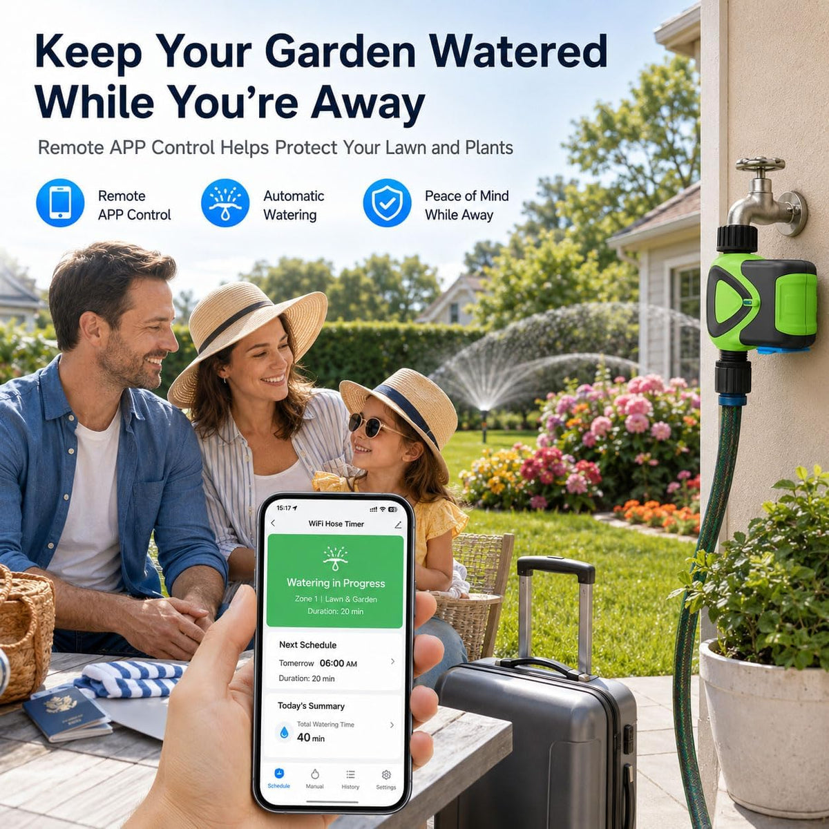 Smart WiFi Hose Timer No Hub Required, App-Controlled Sprinkler Timer for Garden Hose, Automatic Watering Timer for