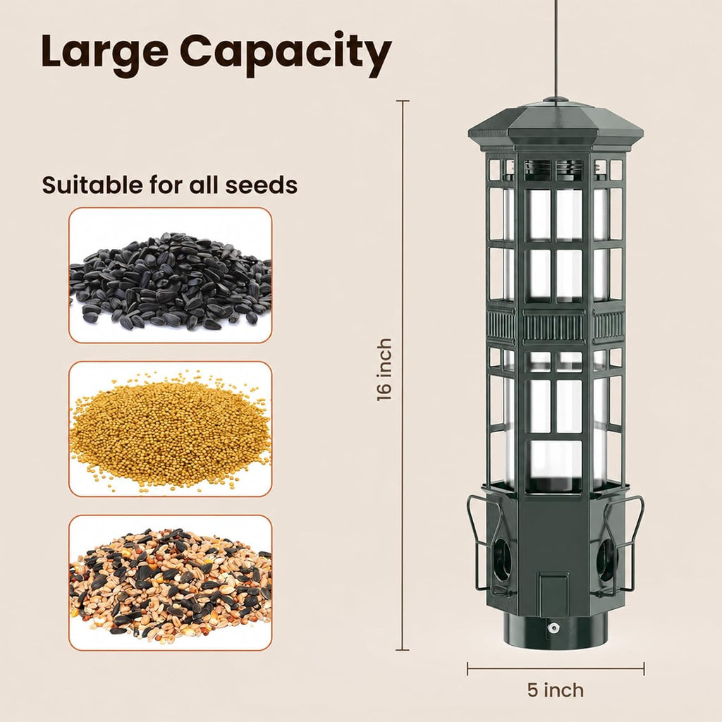 Metal Hanging Squirrel Proof Bird Feeders, Gravity Spring Closure System, Chew Resistant, Large Capacity