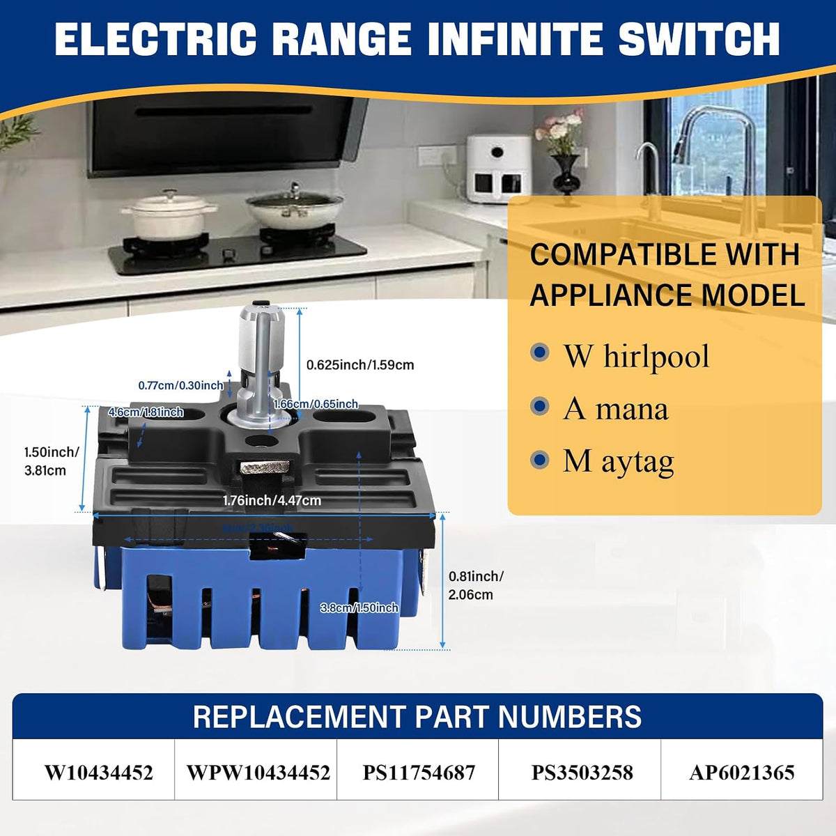 W10434452 WPW10434452 Dual Burner Infinite Switch for Whirlpool