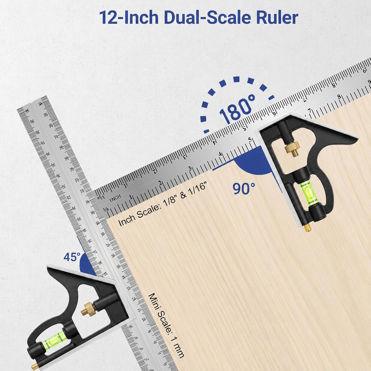 12 Inch Combination Square, Adjustable Carpenter Square with Stainless Steel Ruler and Aluminum Head, Metric and Inch
