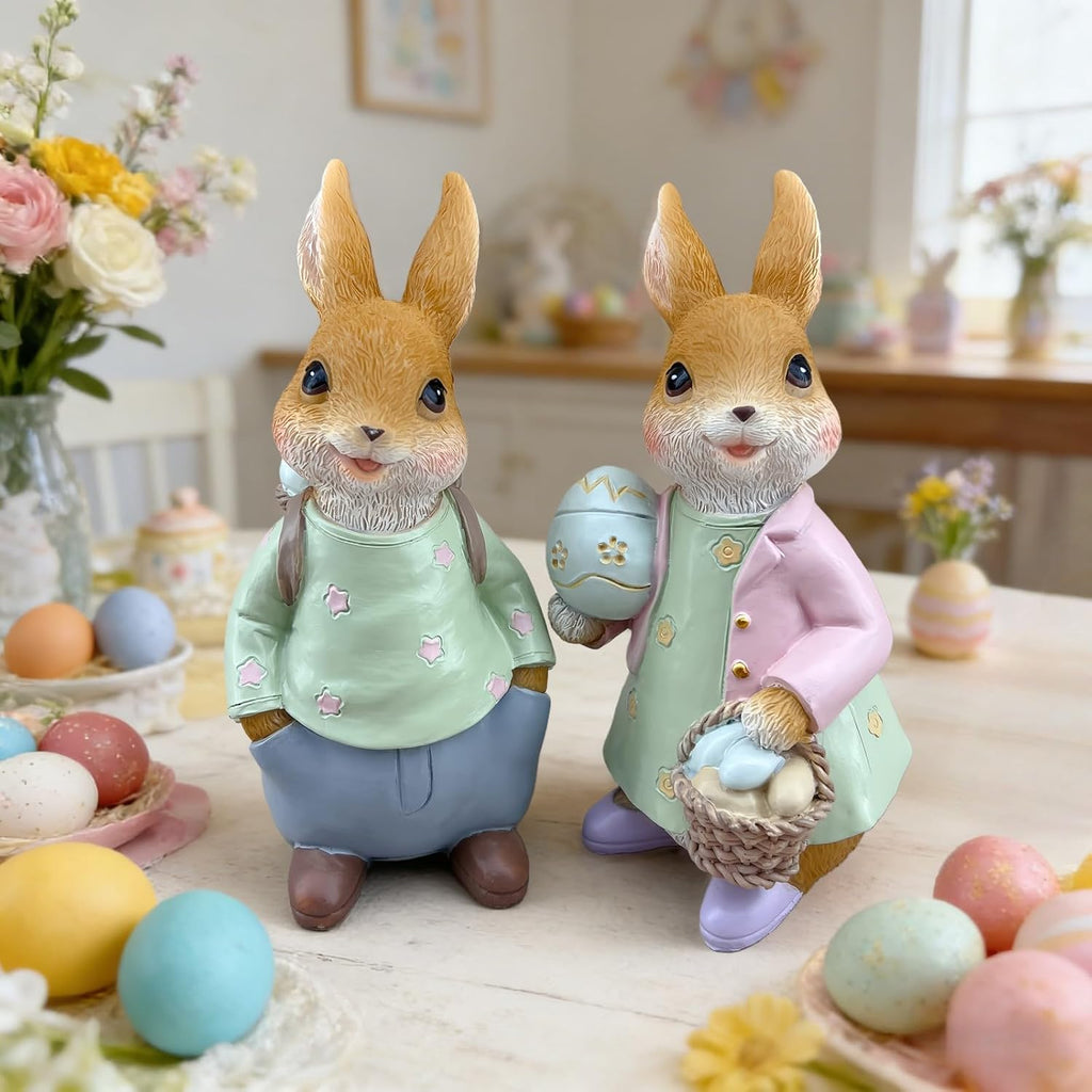 Easter Bunny Statue Egg Basket Rabbit Figurine Tabletop Spring Home Decor | Fine textured fur carving Hand-painted