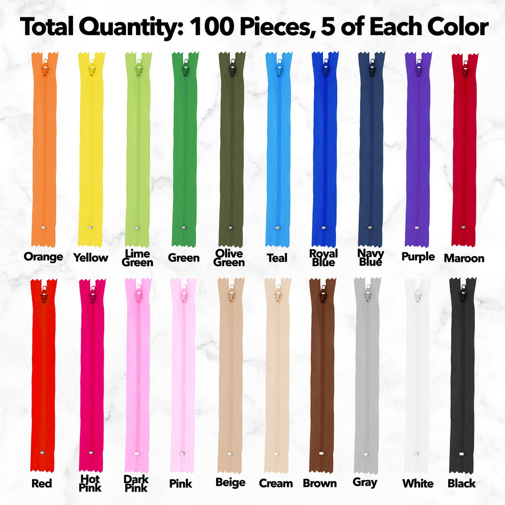 100 PCs Assorted Closed-End 9 Inch Nylon Zippers for Sewing