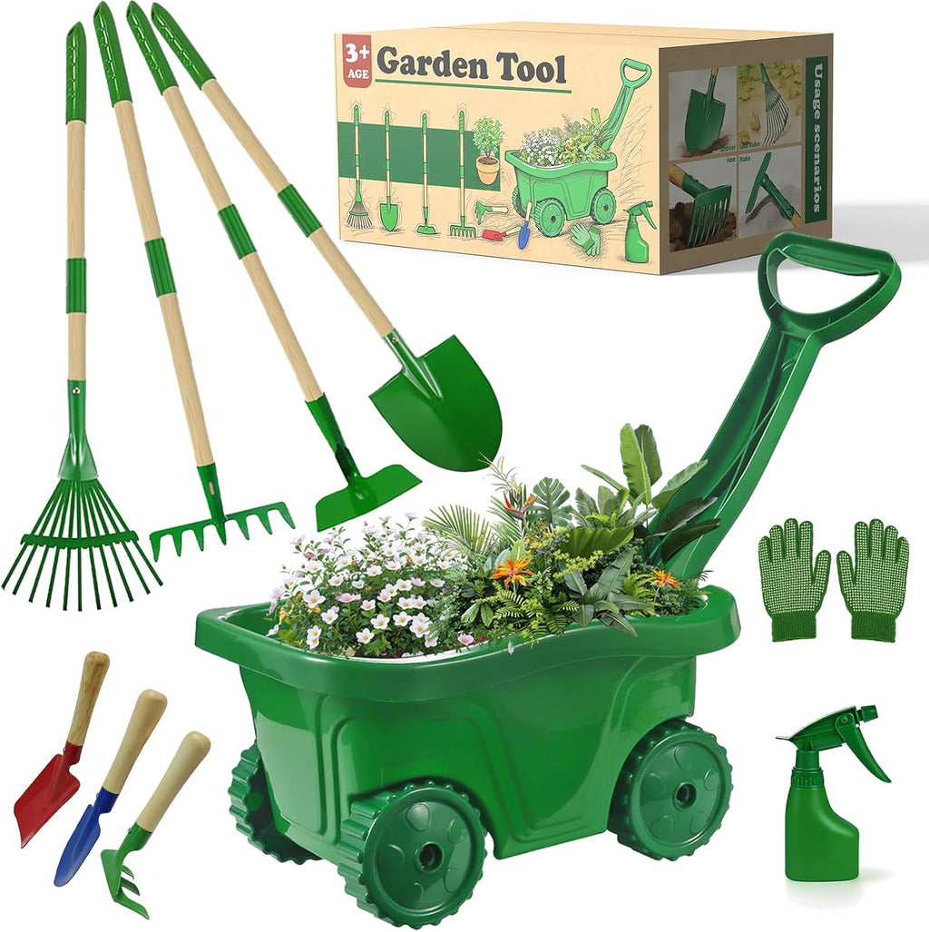 10Pcs Kids Gardening Tools Set - Wheelbarrow Toys with Shovel, Rake, Hoe and Leaf Rake for Outdoor Backyard Play
