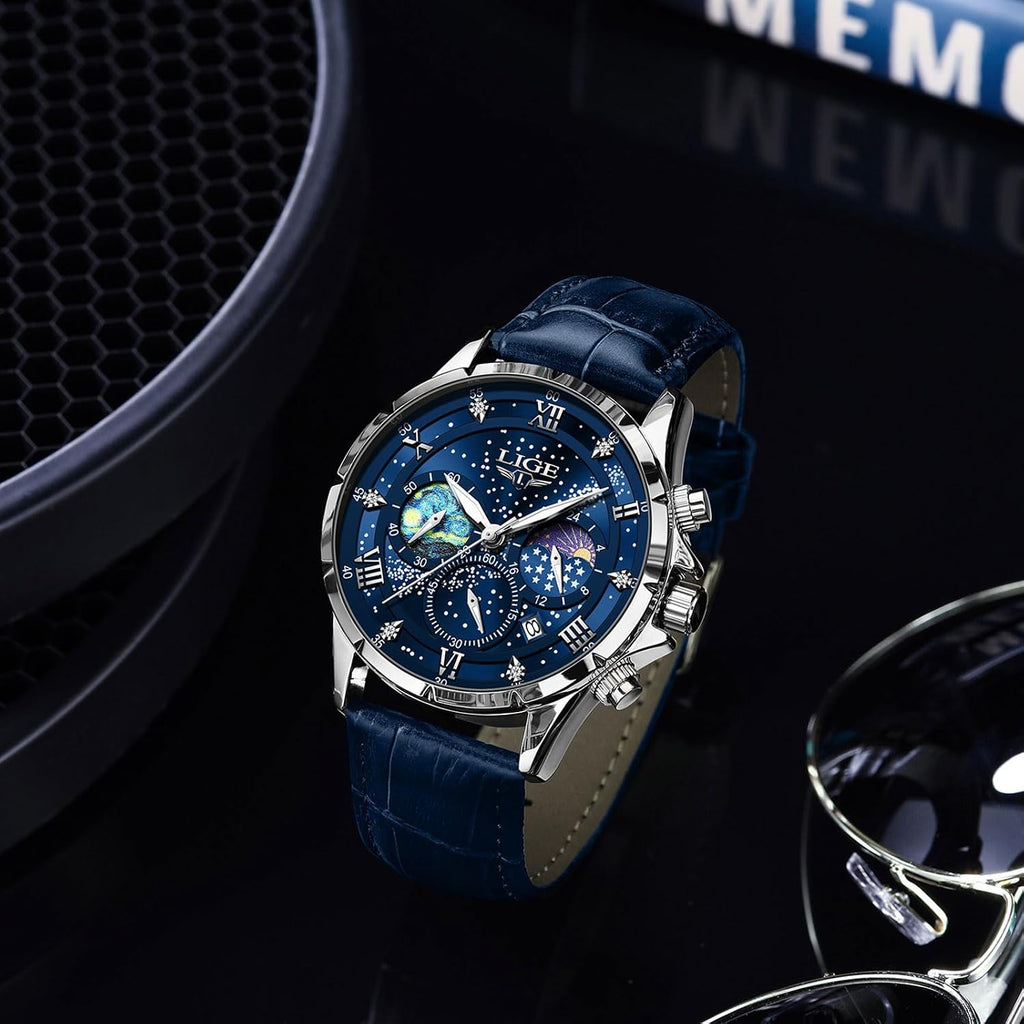 Waterproof Watches for Men Analog Dress Water Proof Chronograph Work Casual Leather Water-Resistant Lunar Phase