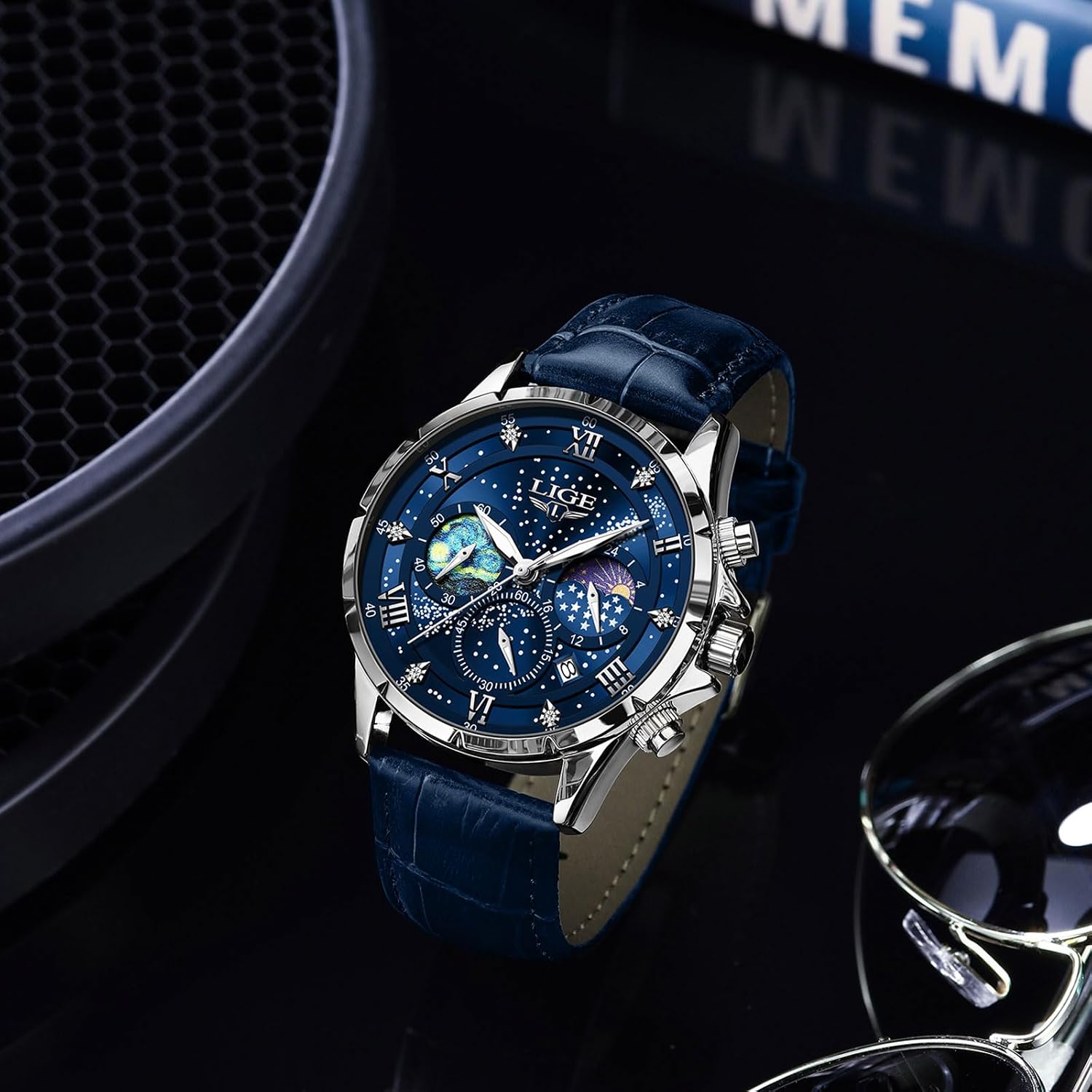 Waterproof Watches for Men Analog Dress Water Proof Chronograph Work Casual Leather Water-Resistant Lunar Phase