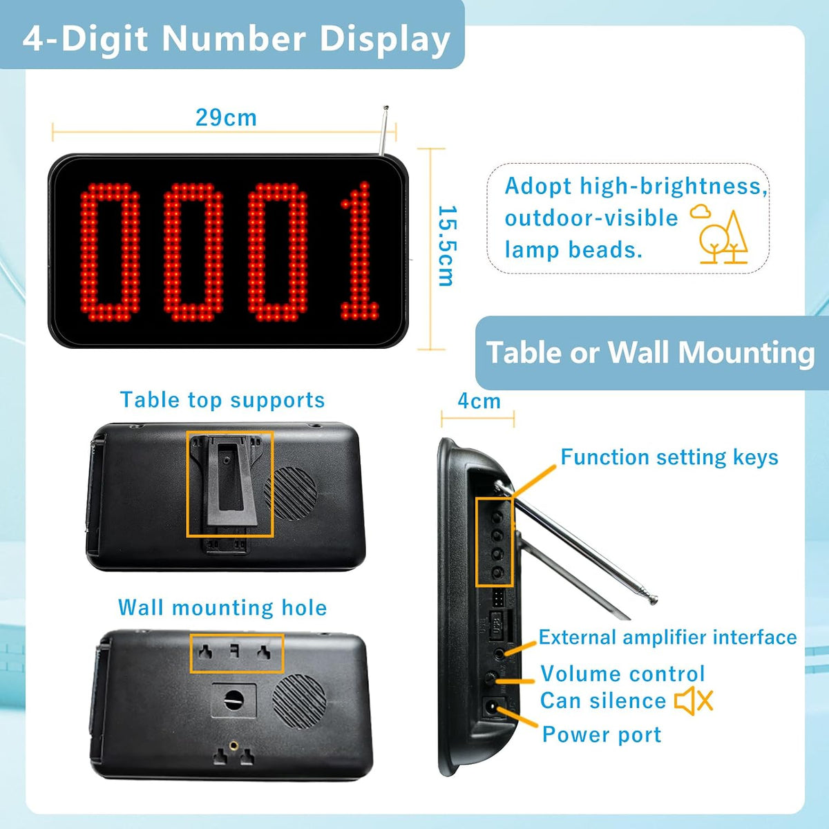 4-Digit Queue Calling System Wireless Take a Number System with LED Number Display and 3 Call Buttons for Restaurant