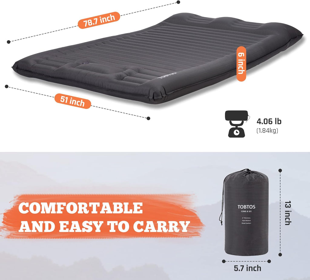 Double Sleeping Pad for Camping, Extra Thick 6" Camping Mattress 2 Person with Pillow Built-in Foot Pump, Inflatable