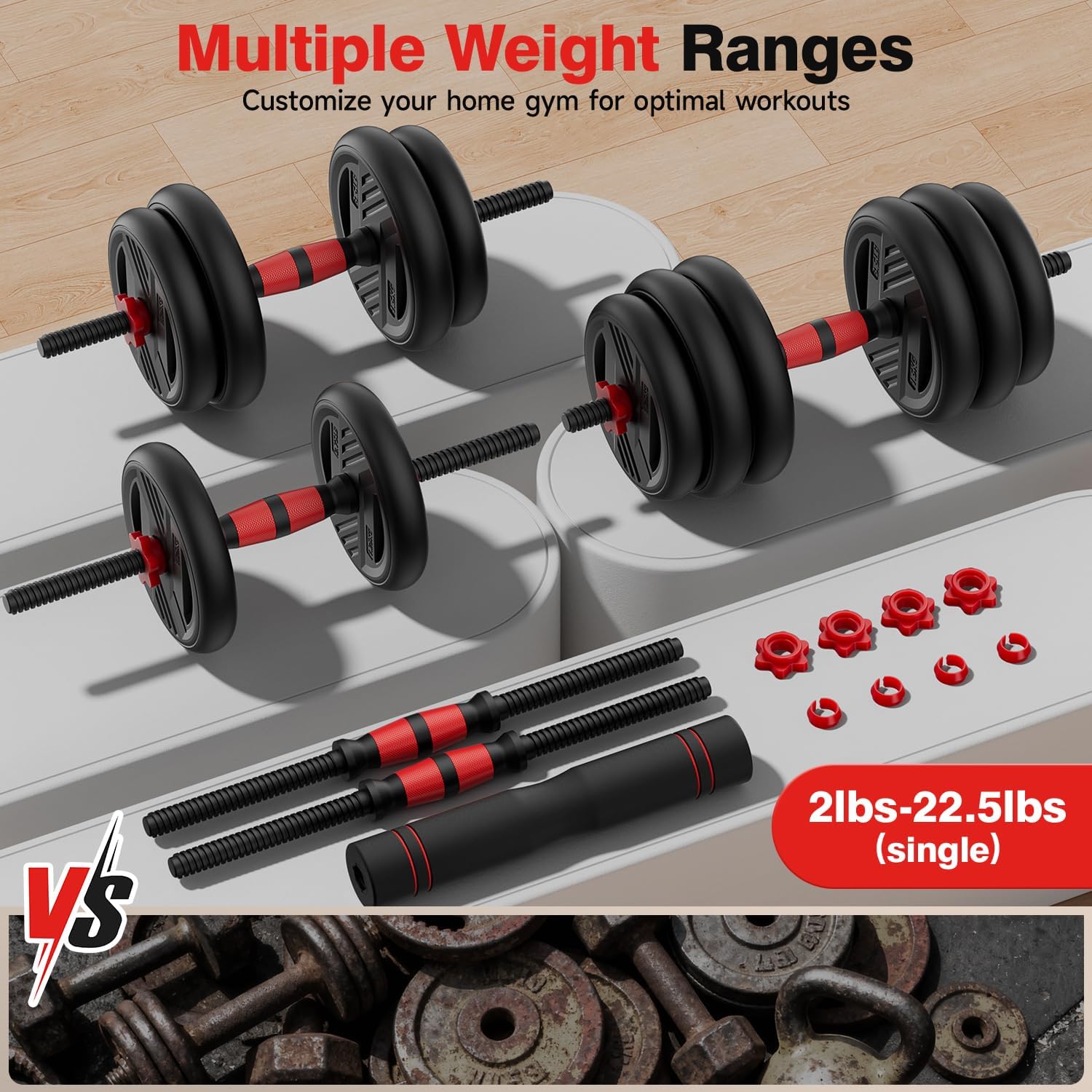 Adjustable Dumbbell Set, 20/30/45/70/90lbs Free Weight Set With Double Locknut, 5-in-1 Dumbbells Set Includes