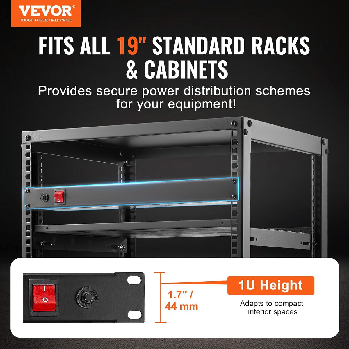 8 Outlet Horizontal 1U Rack Mount PDU Power Strip for Network Server Racks, Surge Protection & Overload Protection