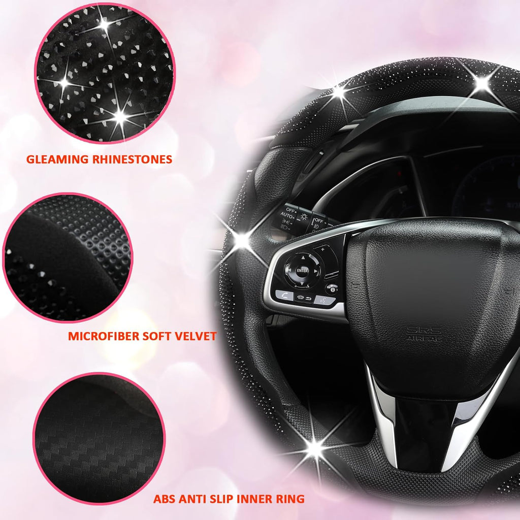 Diamond Bling Car Steering Wheel Cover with Crystal Rhinestones,3PCS Segmented Steering Wheel Protector,Universal for