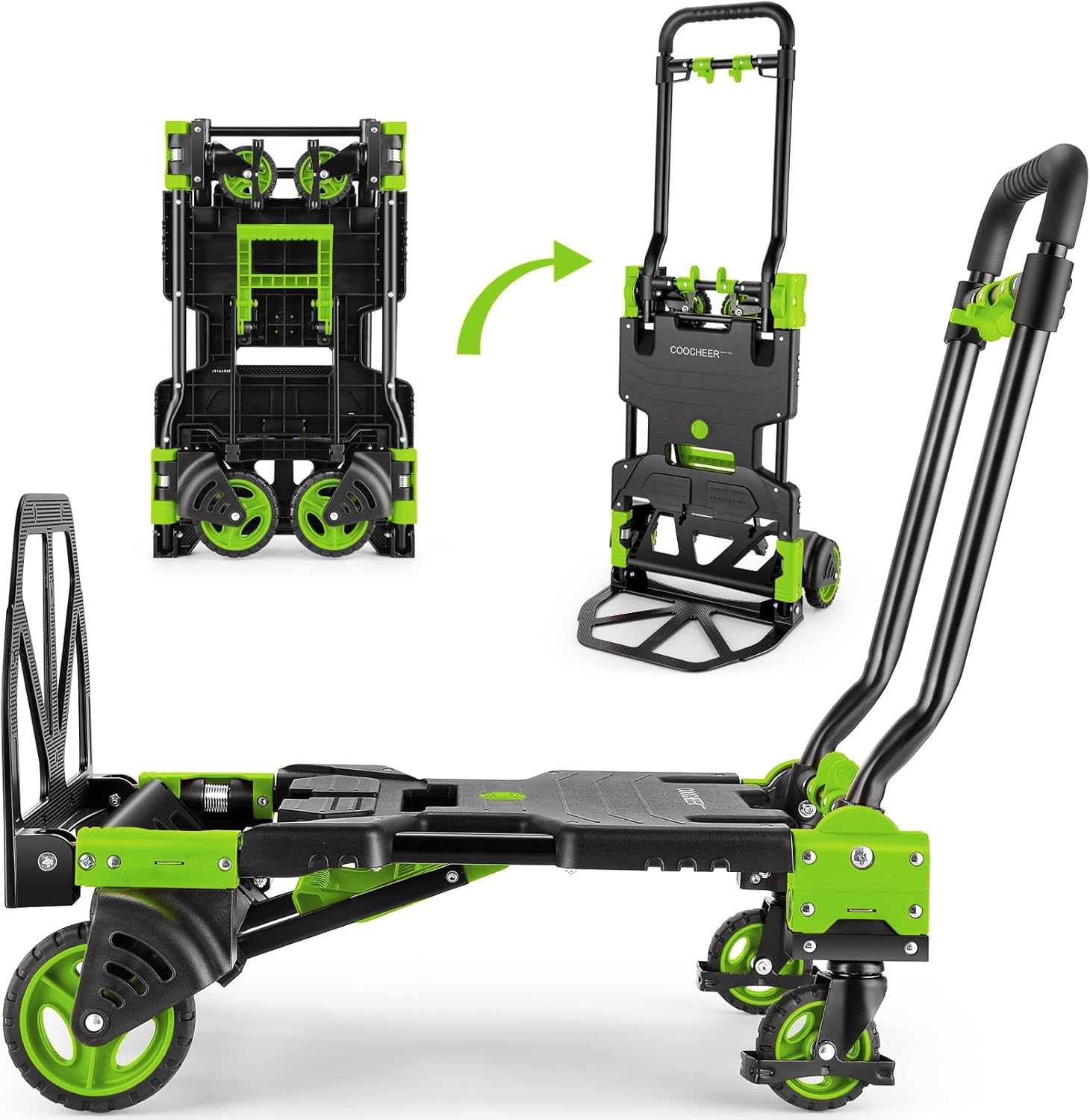 Folding Hand Truck Dolly, 330lb Convertible 4 to 2 Wheel Moving Cart, Green | Dolly Cart with Retractable, Aluminum