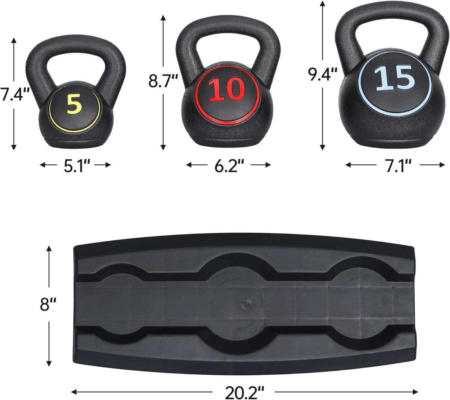 3-Piece Kettlebell Set, Exercise Fitness Weight Set with Base Rack for Home Gym, Home Workouts, Strength Training