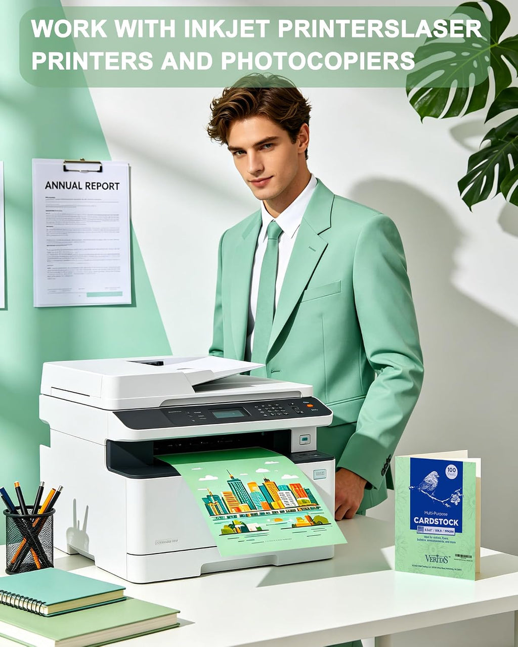 Veritas Green Colored Cardstock, 8.5" x 11" Colored Copy paper, 110LB/199GSM Printer Paper, 100 Sheets (1 Reams)