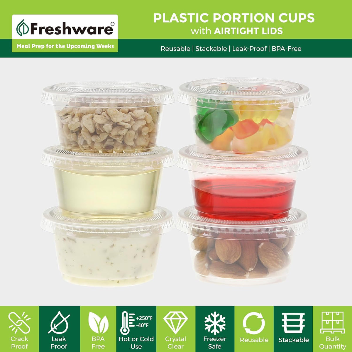 Plastic Portion Cups with Lids [3.25 Ounce, 100 Sets] Disposable Plastic Cups for Meal Prep, Salad Dressing, Jellos
