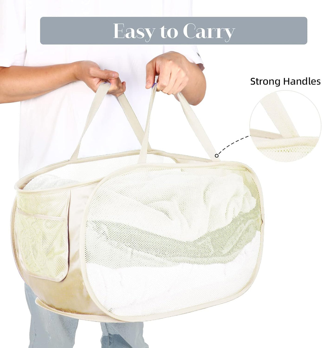 Durable Collapsible Laundry Baskets, Mesh Pop Up Laundry Hamper with Side Pocket, Foldable Clothes Hamper with