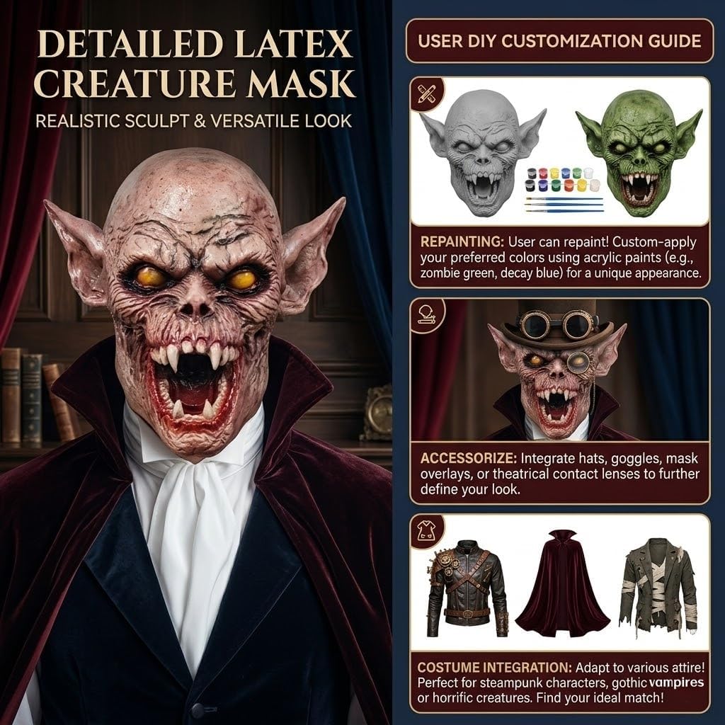 Scary Vampire Creature Mask Realistic Mutant Ghoul Headwear Horror Demon Face Cover Halloween Monster Costume Prop