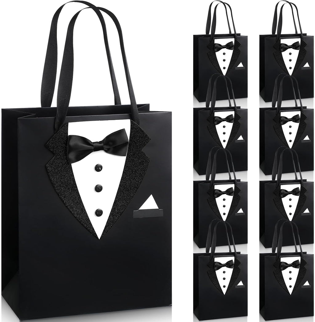 8 Pcs Groomsmen Gift Bags with 3D Tuxedo Design 8 x 4.5 x 10 Inch with Handle Groomsmen Paper Gift Bags for Wedding