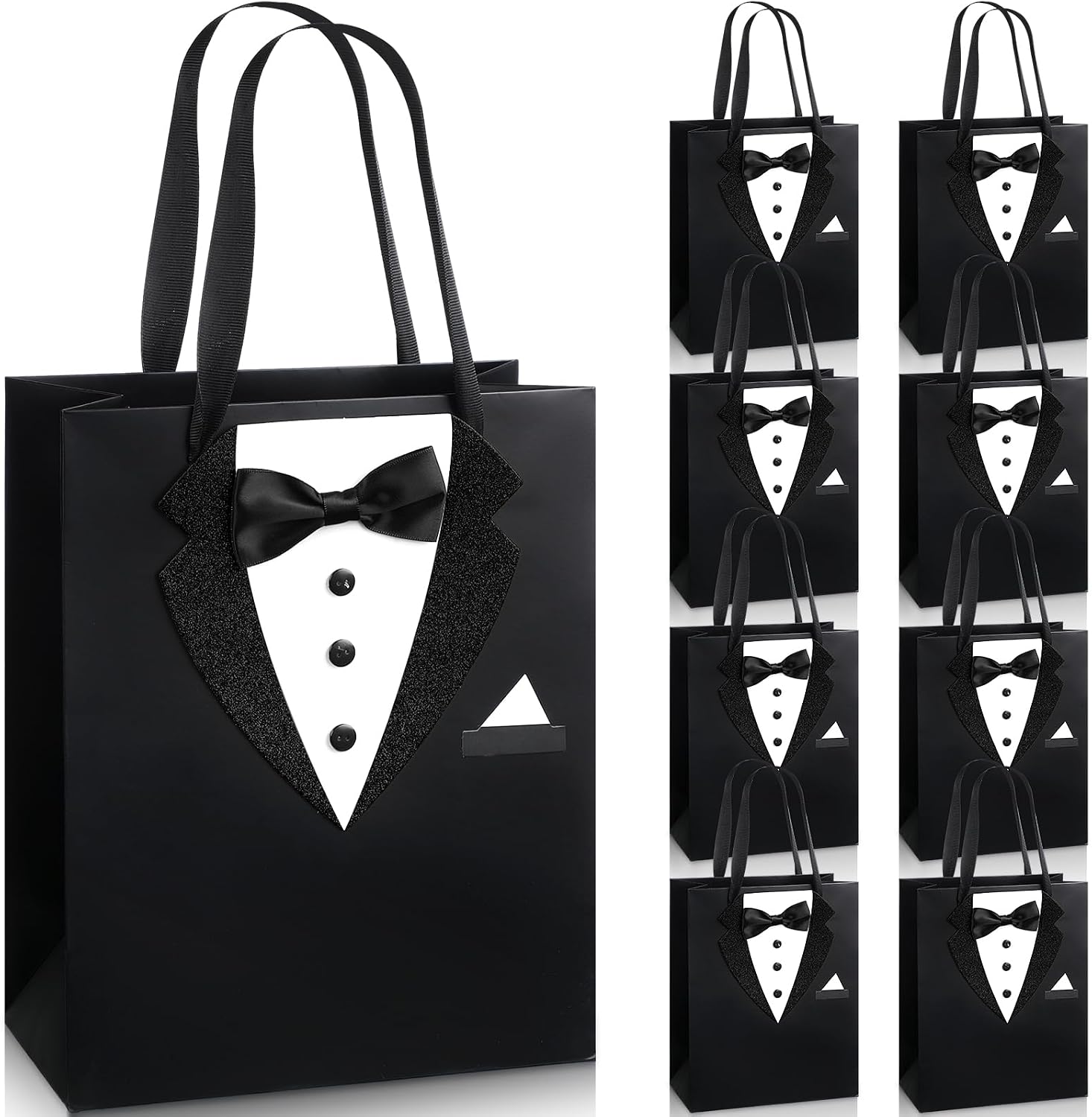 8 Pcs Groomsmen Gift Bags with 3D Tuxedo Design 8 x 4.5 x 10 Inch with Handle Groomsmen Paper Gift Bags for Wedding