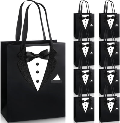 8 Pcs Groomsmen Gift Bags with 3D Tuxedo Design 8 x 4.5 x 10 Inch with Handle Groomsmen Paper Gift Bags for Wedding