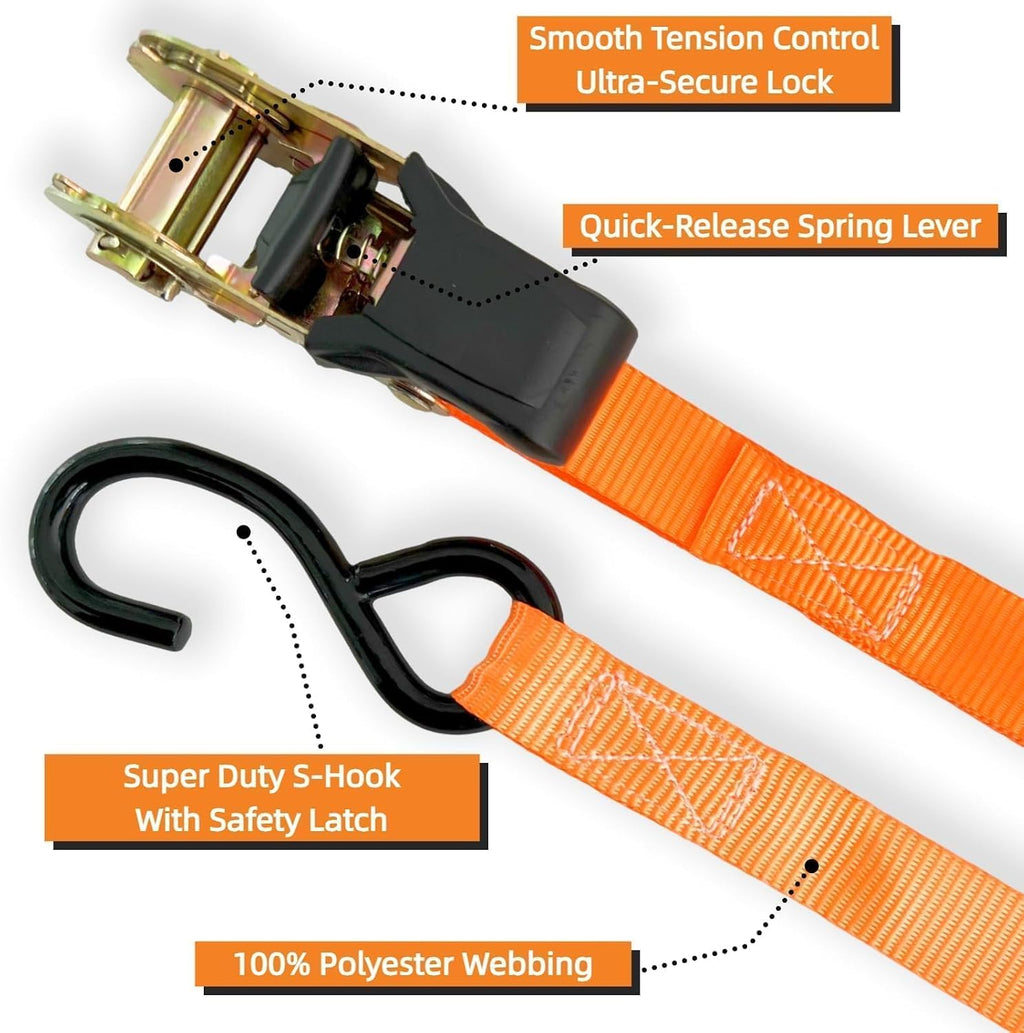 8PK Ratchet Tie Down Straps - 1in x 16feet, 1760LBS Break Strength, 8 Soft Loops, Wear-Resistant Webbing with