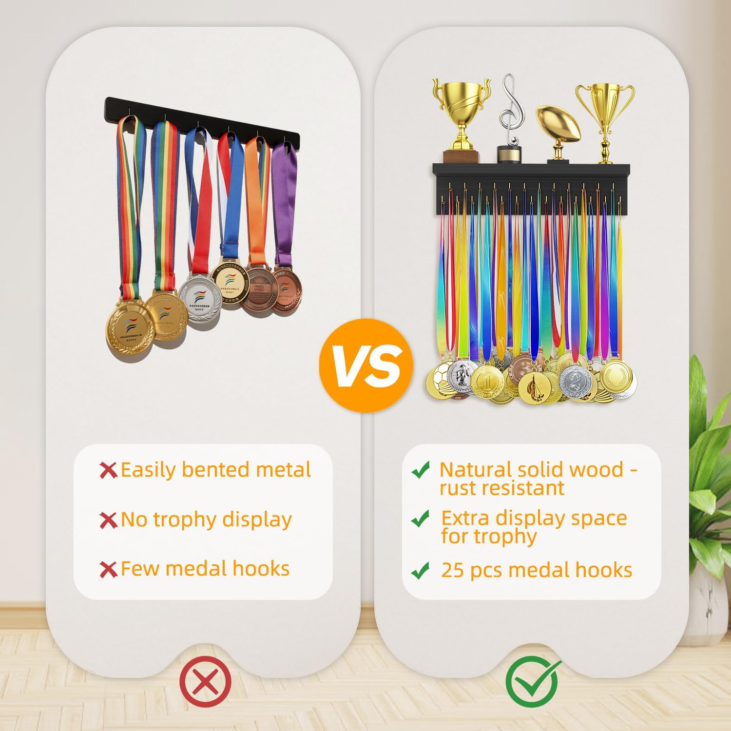 Medal Hanger Display and Trophy Shelf Organizer, Wooden Wall Mount Ribbon Holder with 25 Steel Hooks, Race Awards