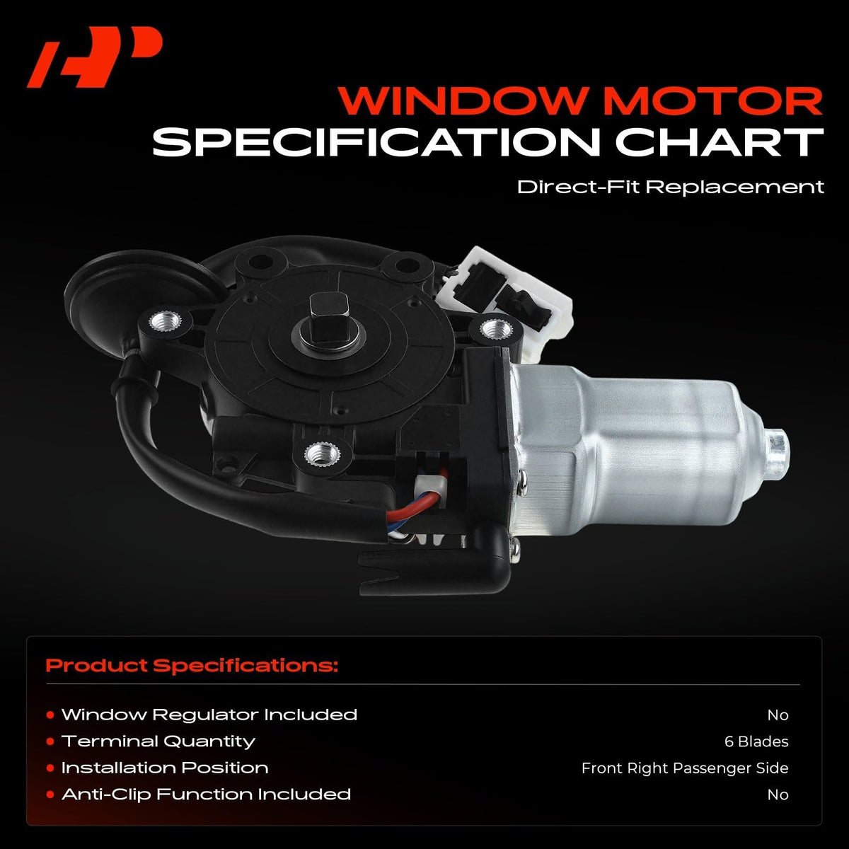 A-Premium Power Window Lift Motor Front Passenger Side, with 6-Pin Plug