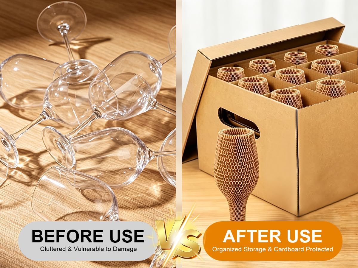 Wine Glass Moving Boxes with Dividers, 2 Pack Glassware Dish Moving Kit, 24 Honeycomb Paper Sleeves Included, Heavy