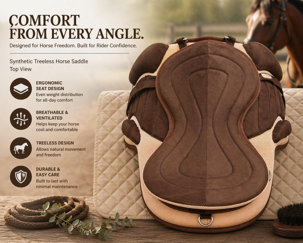 Synthetic Treeless English Horse Saddle with Adjustable Stirrup Leathers & Girth Straps (Free Halter) | Freemax