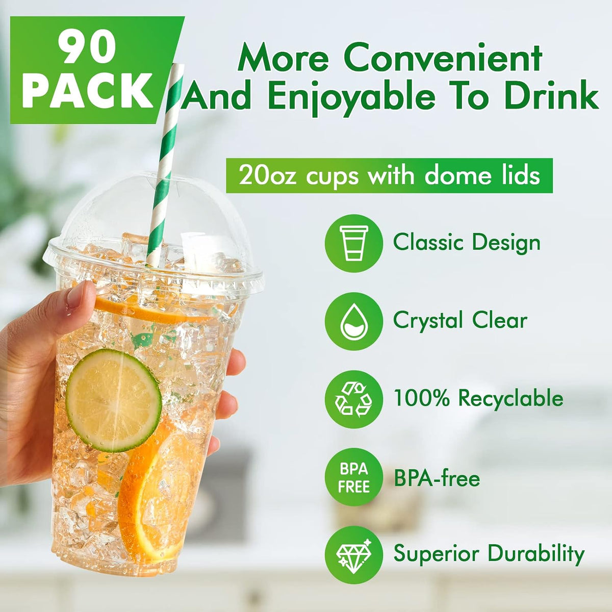 90 Sets 20 oz Clear Plastic Cups With Dome Lids
