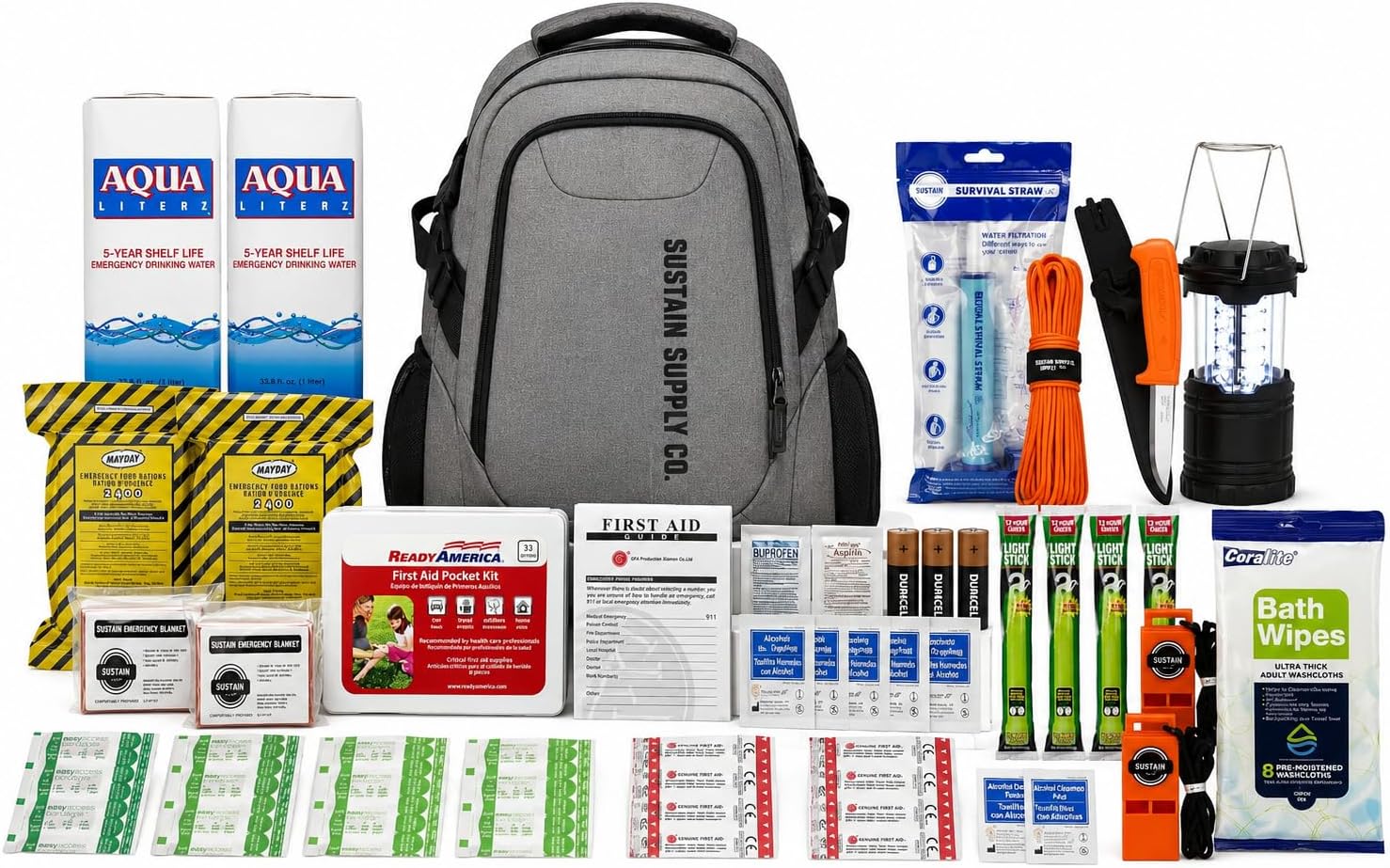 Sustain Supply 70490, 2-Person Premium 72-Hour Emergency Survival Kit – Complete Disaster Preparedness Bag w/Food