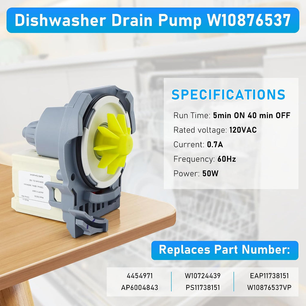 W10348269 WDT730PAHZ0 Dishwasher Drain Pump for Whirlpool Maytag Kenmore