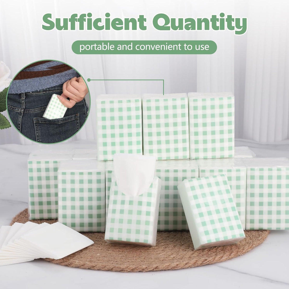 100 Pack Pocket Tissues, 3 Ply Sage Green Gingham Travel Tissues