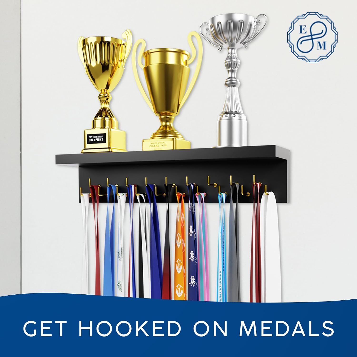 Medal Hanger Display and Trophy Shelf with Hooks - Wooden Medal Holder for Wall Mount Ribbon Display, Trophy Display