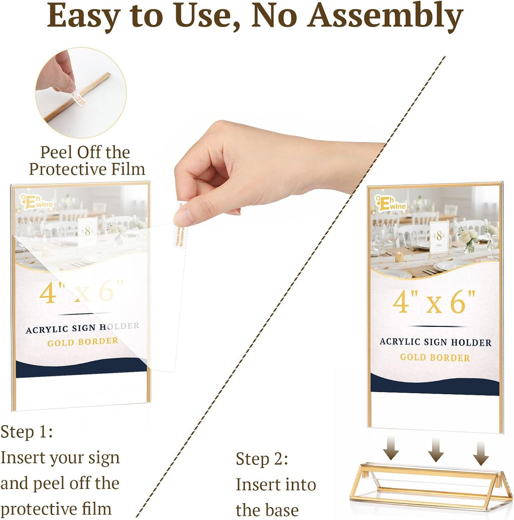 2 Pack Acrylic Sign Holder 4 x 6, Double Sided Gold Picture Frame Stand up Table Top Sign Holders, Clear Display
