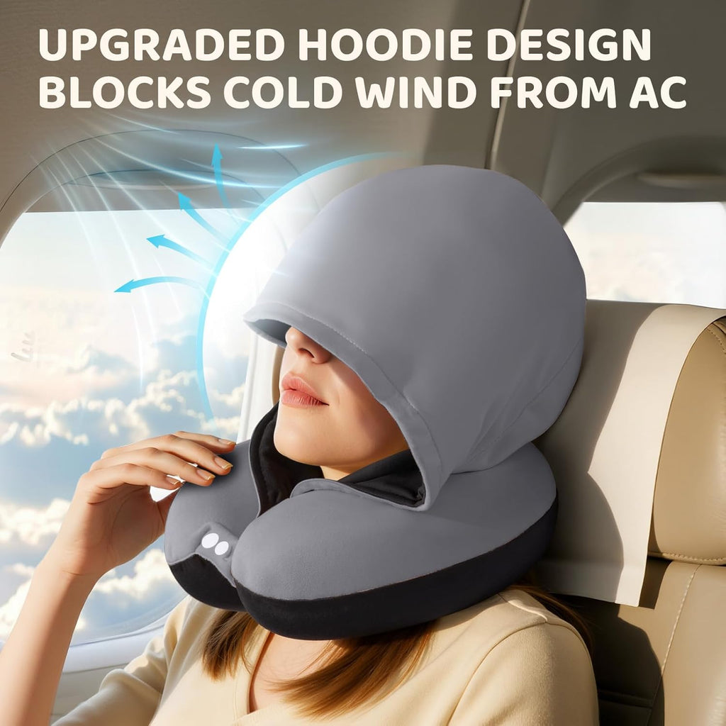 Travel Neck Pillow with Hood for Airplanes,Memory Foam,Breathable Ice Silk & Soft Velvet,Double-Sided,Removable to