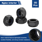 Kozelo 20Pcs M10-1.5 Nylon Locking Hex Nuts CarbonSteel Black