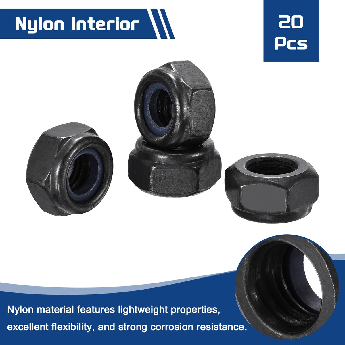 Kozelo 20Pcs M10-1.5 Nylon Locking Hex Nuts CarbonSteel Black