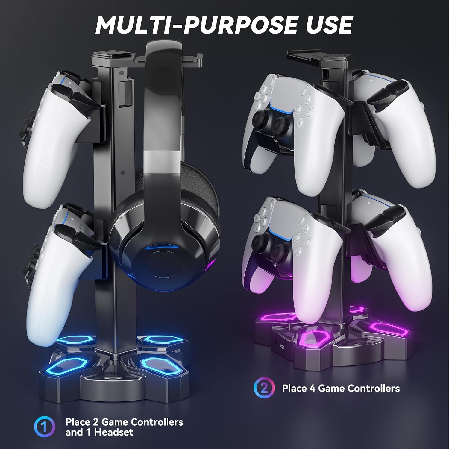 Gaming Headphones Stand, Rotatable Headset Stand with Light Modes - Controller Holder with 2 USB Charging Ports and