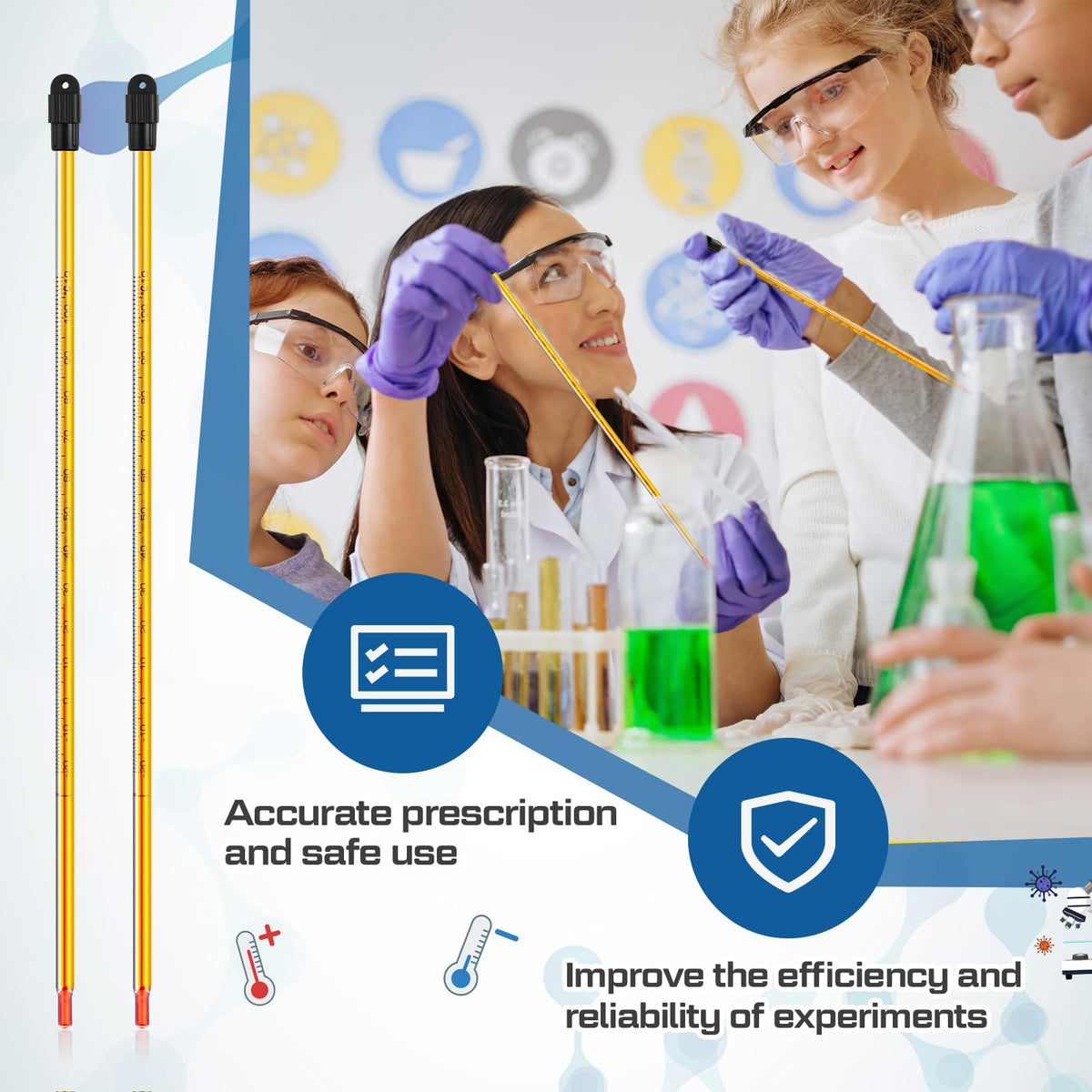 16 Pcs General Purpose Lab Thermometer, Glass, Total Immersion