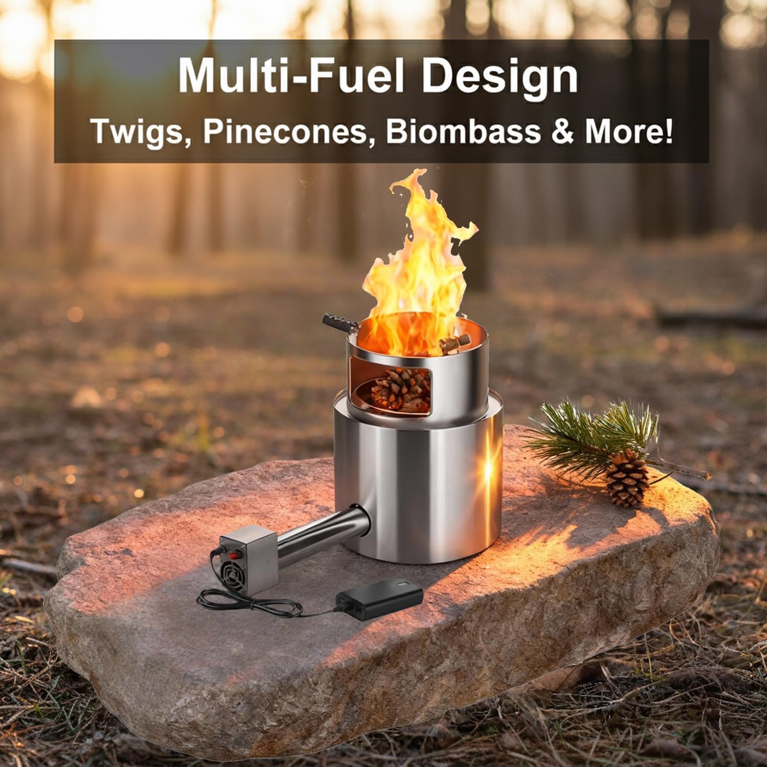 Forced Air Rocket Stove with USB Powered Adjustable Blower | Smokeless 304 Stainless Steel Wood Burning Camping Stove
