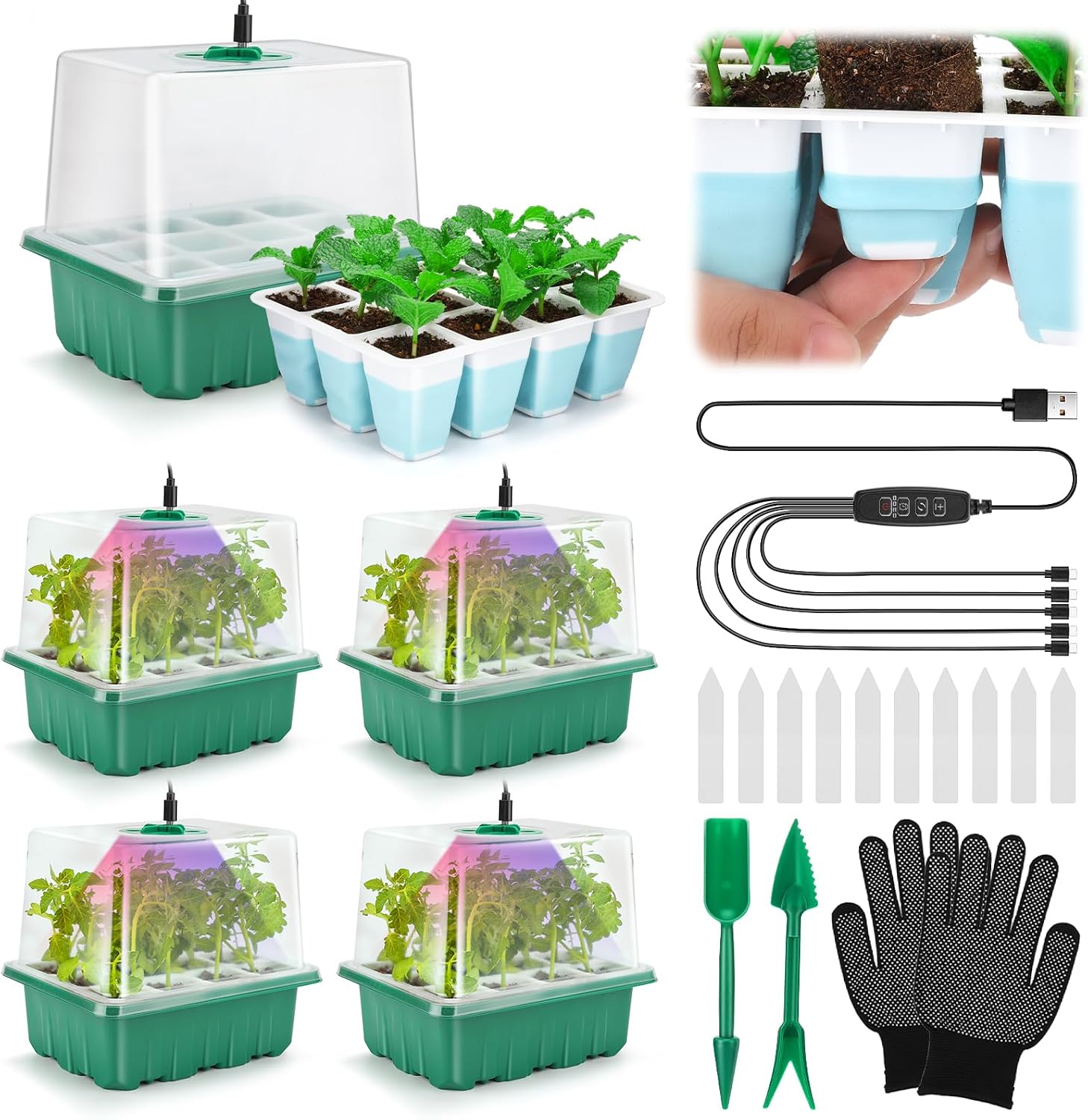 Seed Starter Tray with Grow Light, 60 Flexible Cells 5 PCS Seed Starter Kit, Reusable Seedling Starter Trays with