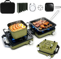 2 Burner Portable Propane Camping Stove Kit, 24000 BTU Foldable Hiking Stove with Frying Pan, Pot, Windshield & Carry