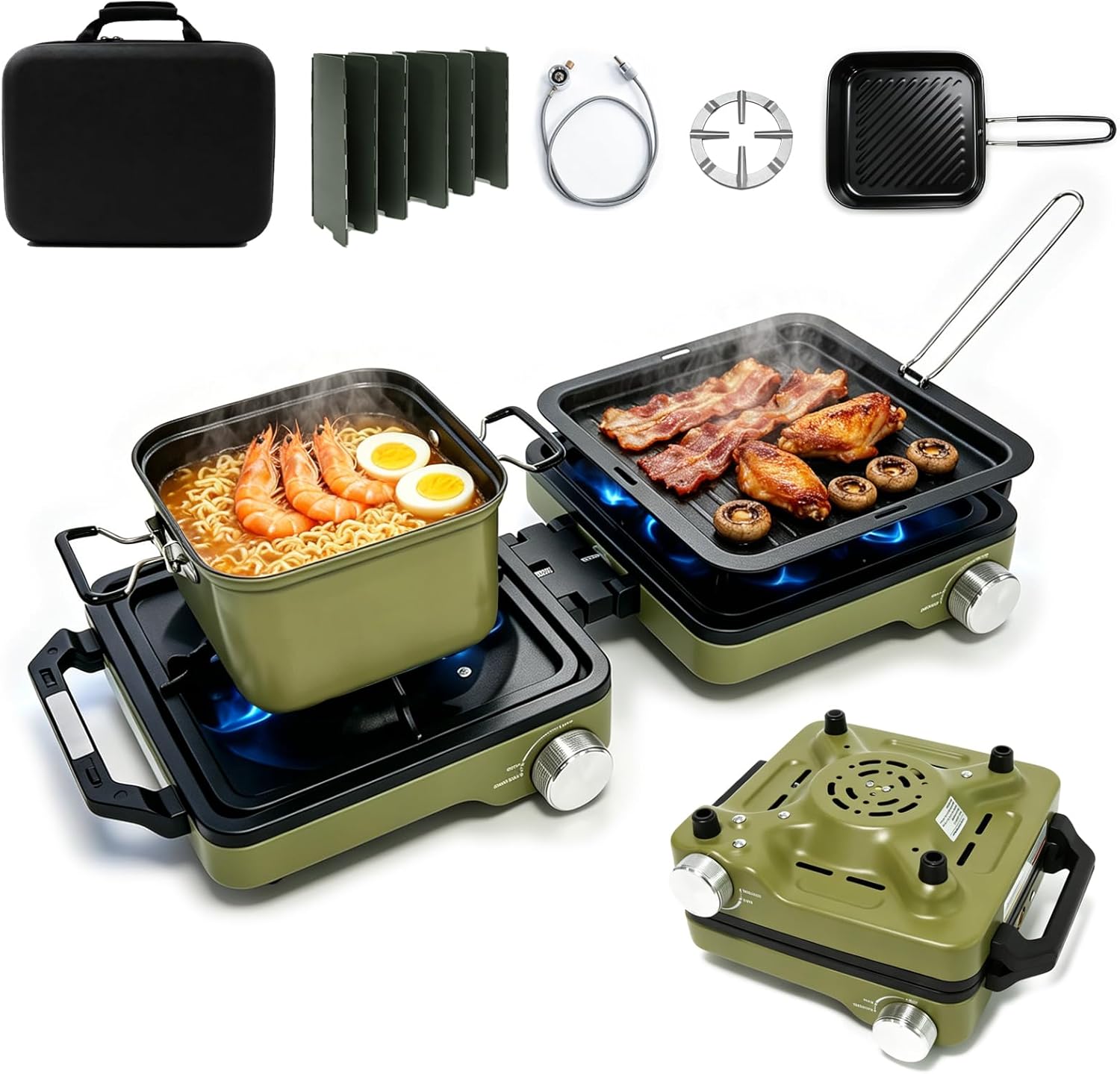 2 Burner Portable Propane Camping Stove Kit, 24000 BTU Foldable Hiking Stove with Frying Pan, Pot, Windshield & Carry